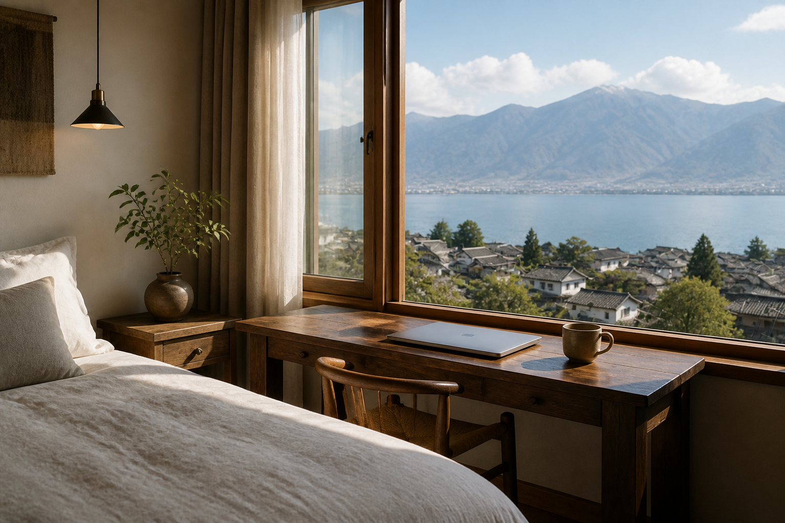 A Dali homestay room with mountain and lake view