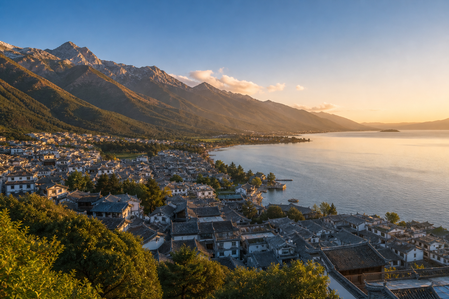 Dali old town roofs, Cangshan mountains, and Erhai Lake